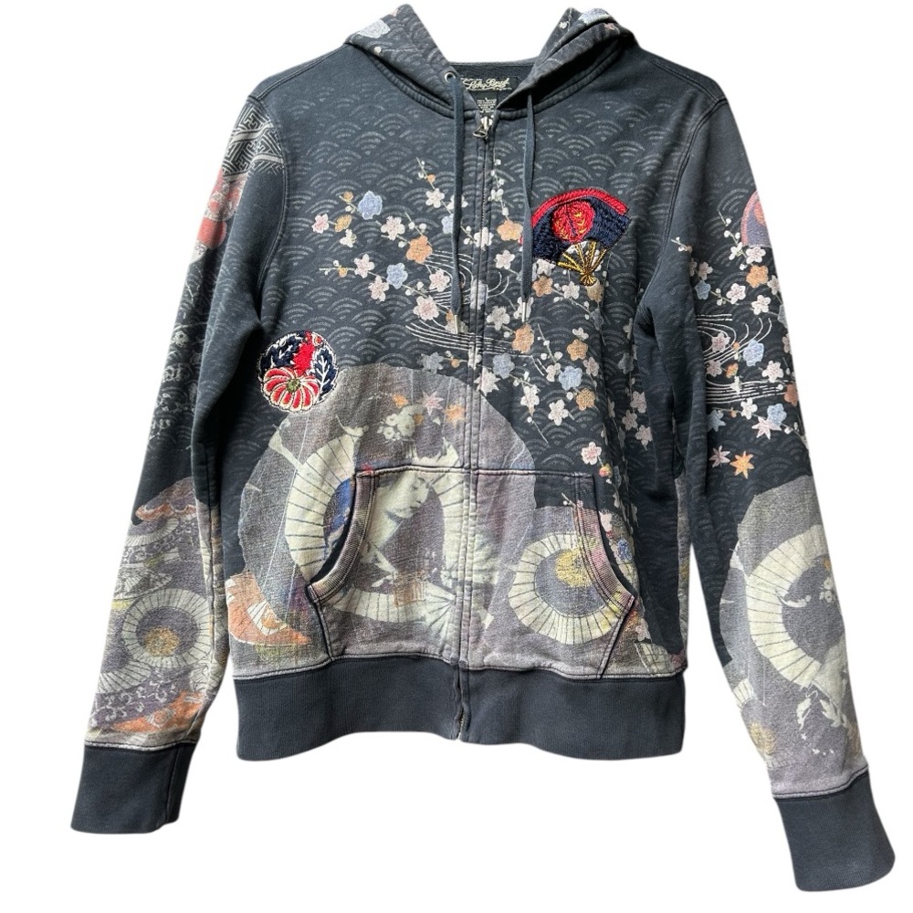 Y2K Rare Vintage Lucky Brand Asian Art Geisha Zip Up Hoodie Embroidered EUC  Lg